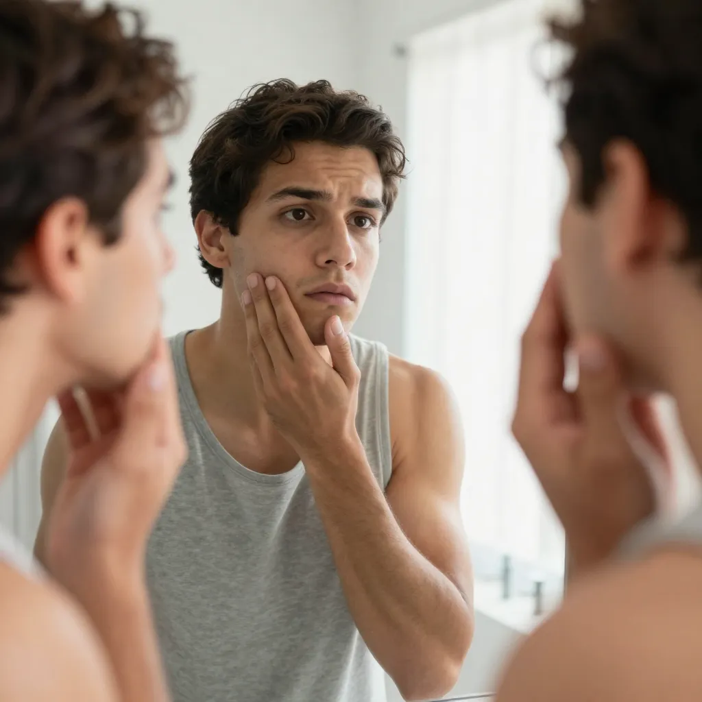 Joven examinando su piel en el espejo con preocupación