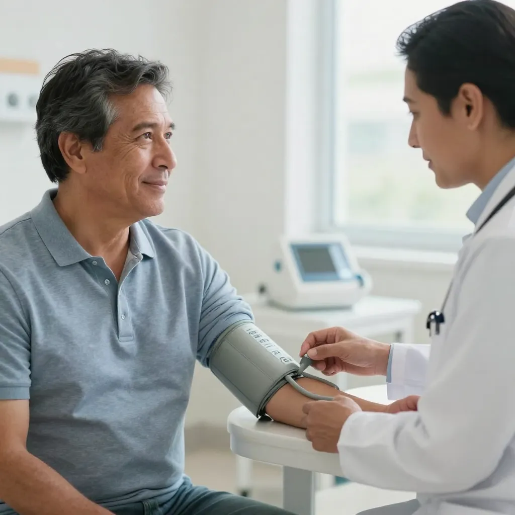 Hombre maduro en chequeo preventivo con profesional de salud tomando presión arterial