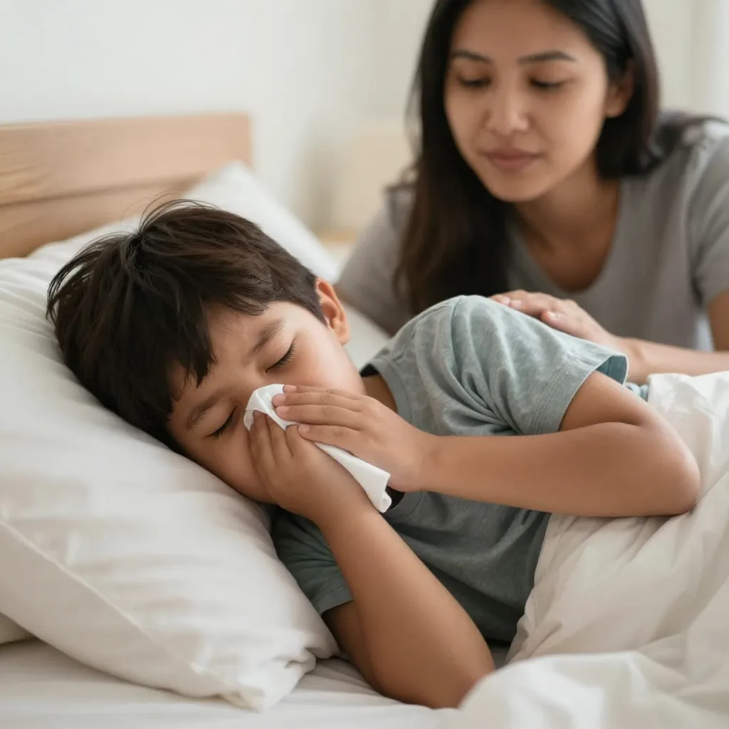 Niño con catarro descansando en cama con cuidados parentales