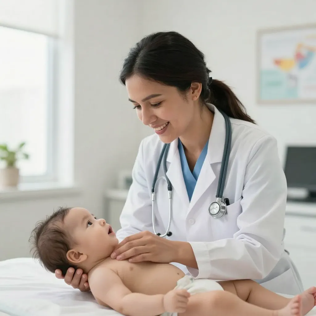 Pediatra examinando suavemente a un bebé