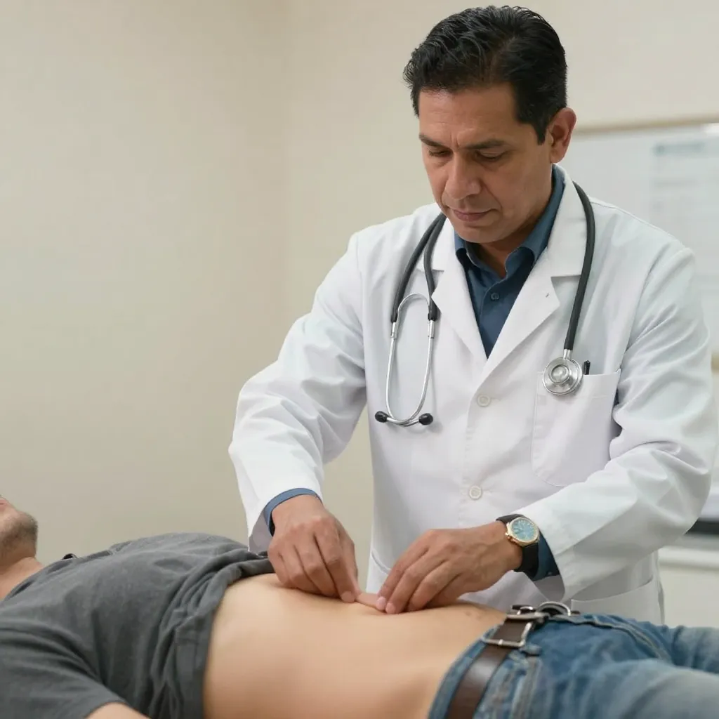 Médico examinando abdomen de paciente