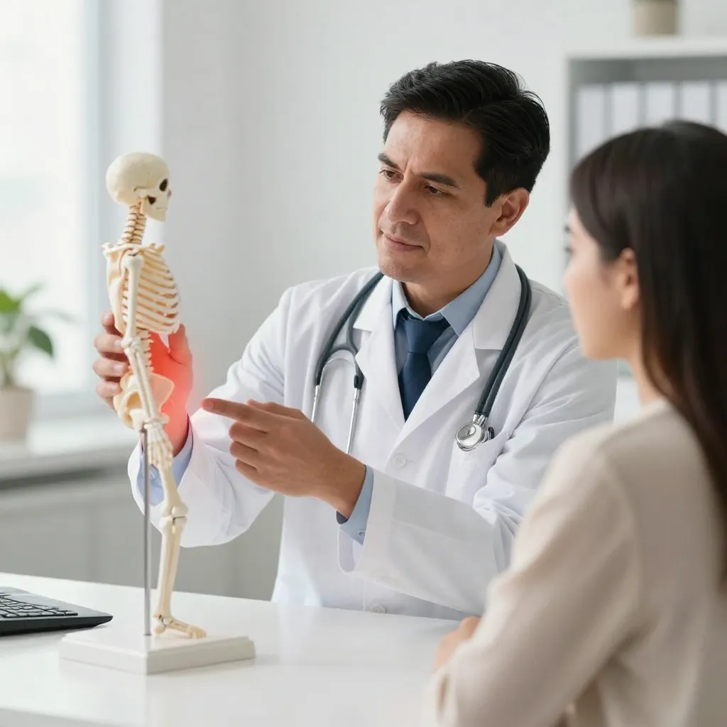 Reumatólogo explicando puntos de dolor con modelo anatómico