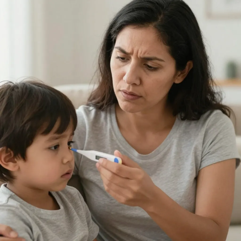 Madre tomando temperatura a su hijo