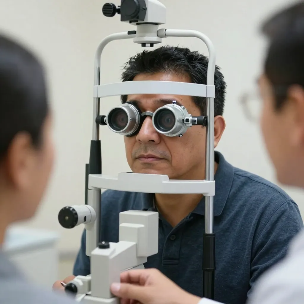 Paciente realizándose prueba de campo visual para detectar pérdida de visión periférica