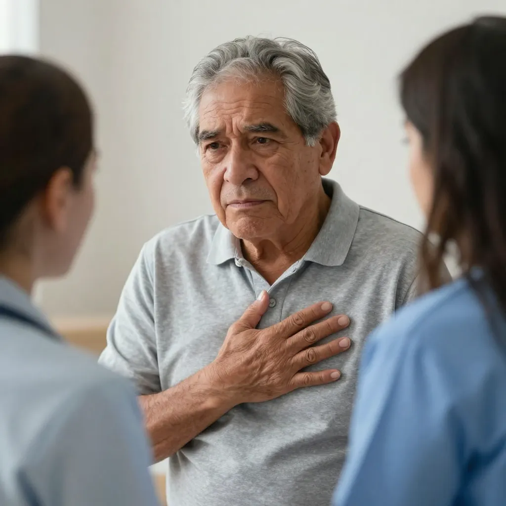 Persona mayor con preocupación por síntomas cardíacos durante consulta médica