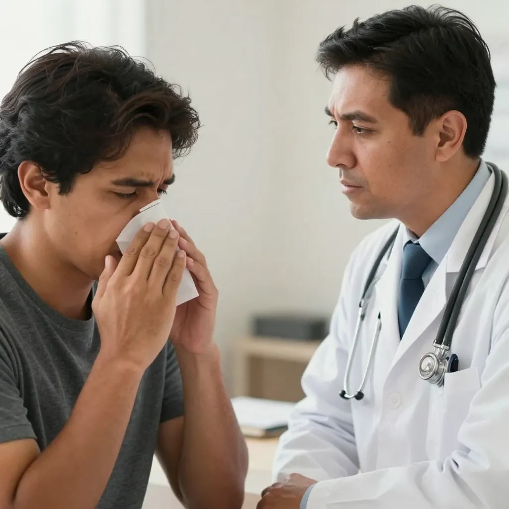 Latin American person experiencing breathing difficulty consulting with doctor