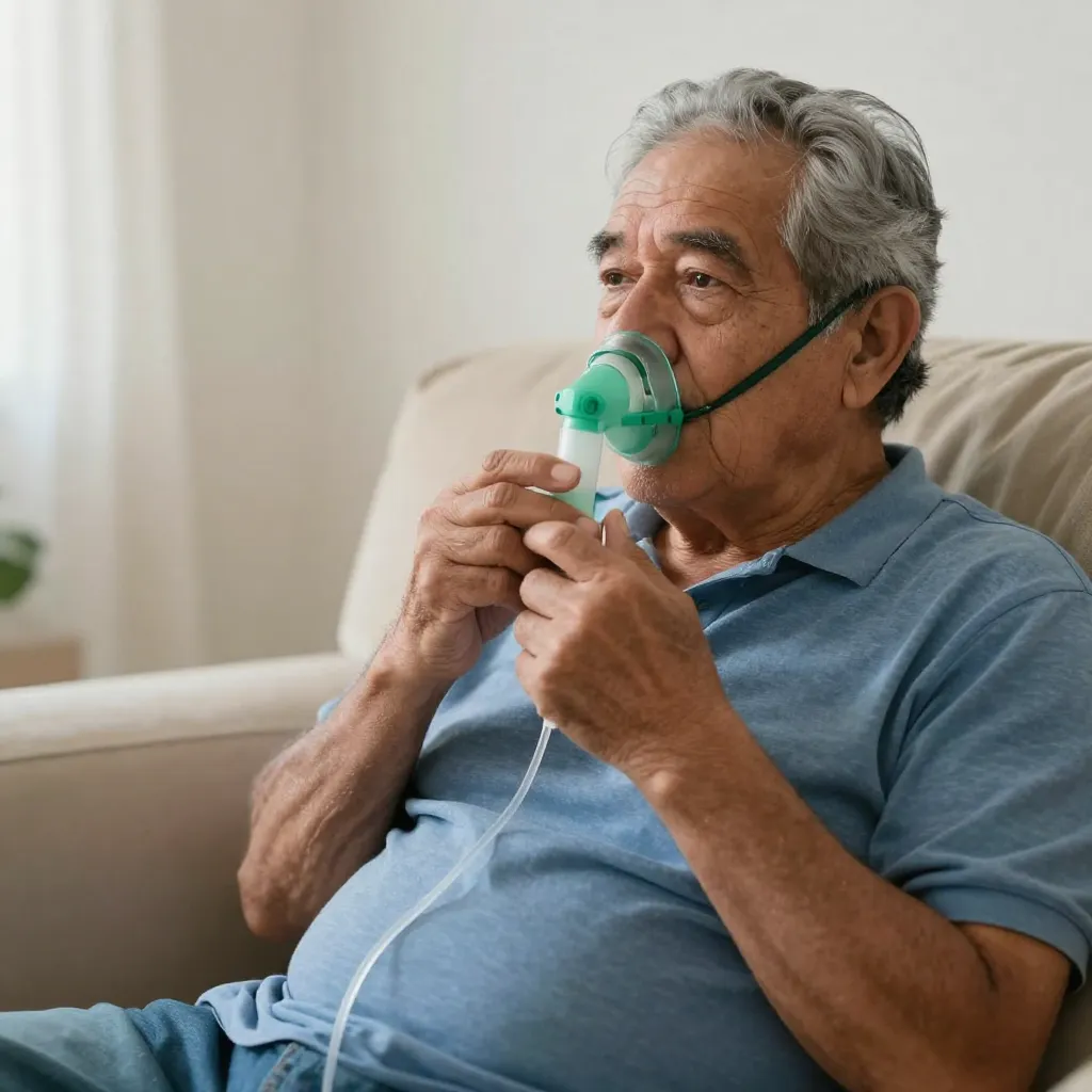 Latin American elderly person using oxygen therapy equipment at home