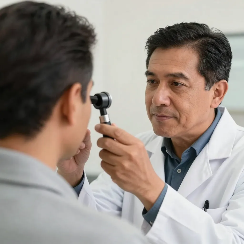 Médico examinando el oído de un paciente con otoscopio