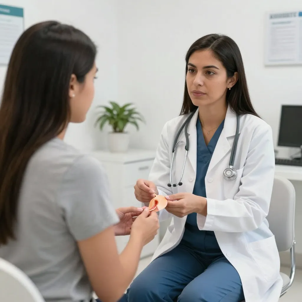 Mujer latina en consulta ginecológica discutiendo quistes ováricos