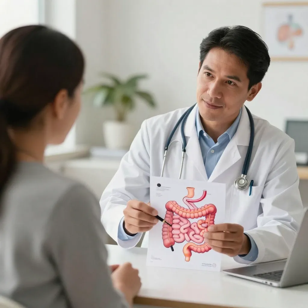 Médico gastroenterólogo explicando el reflujo a un paciente