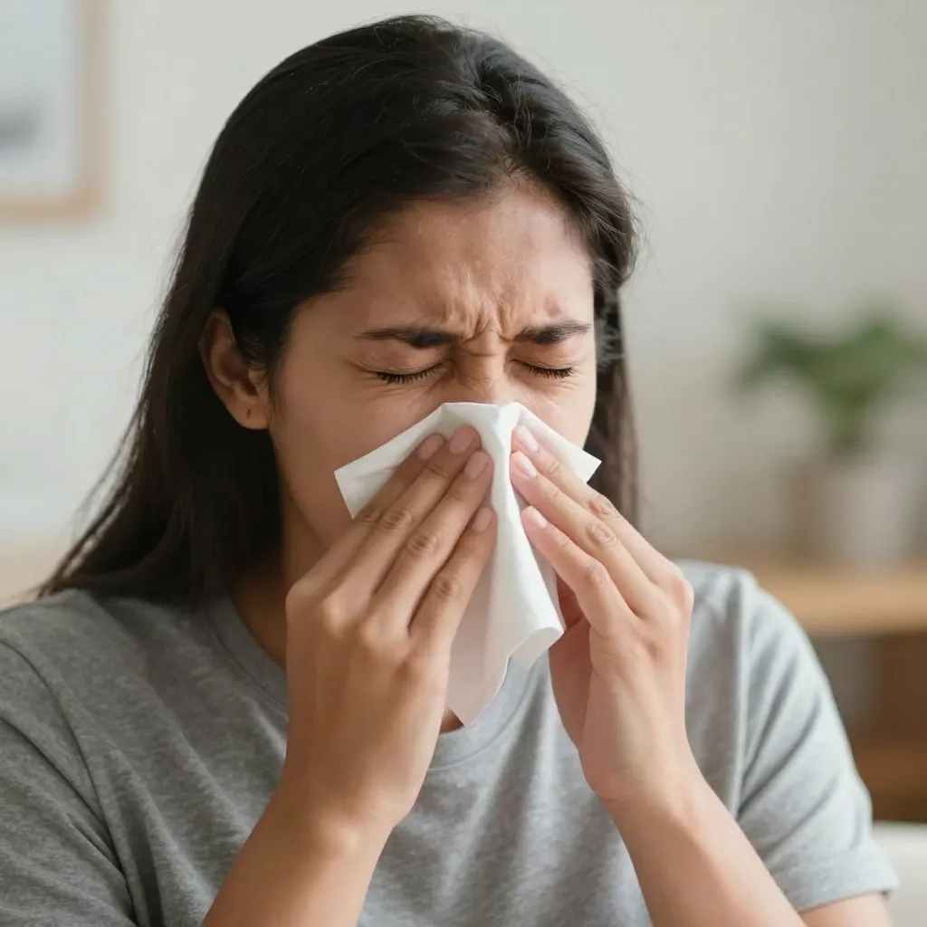 Persona estornudando con síntomas de alergia en casa
