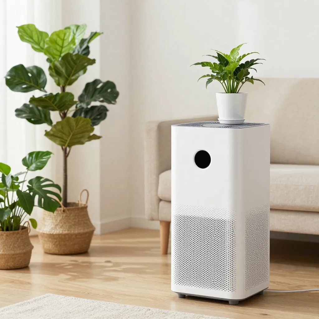 Ambiente limpio en hogar con purificador de aire y plantas para prevenir alergias
