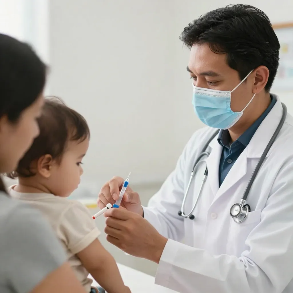 Médico aplicando vacuna a bebé con padre presente