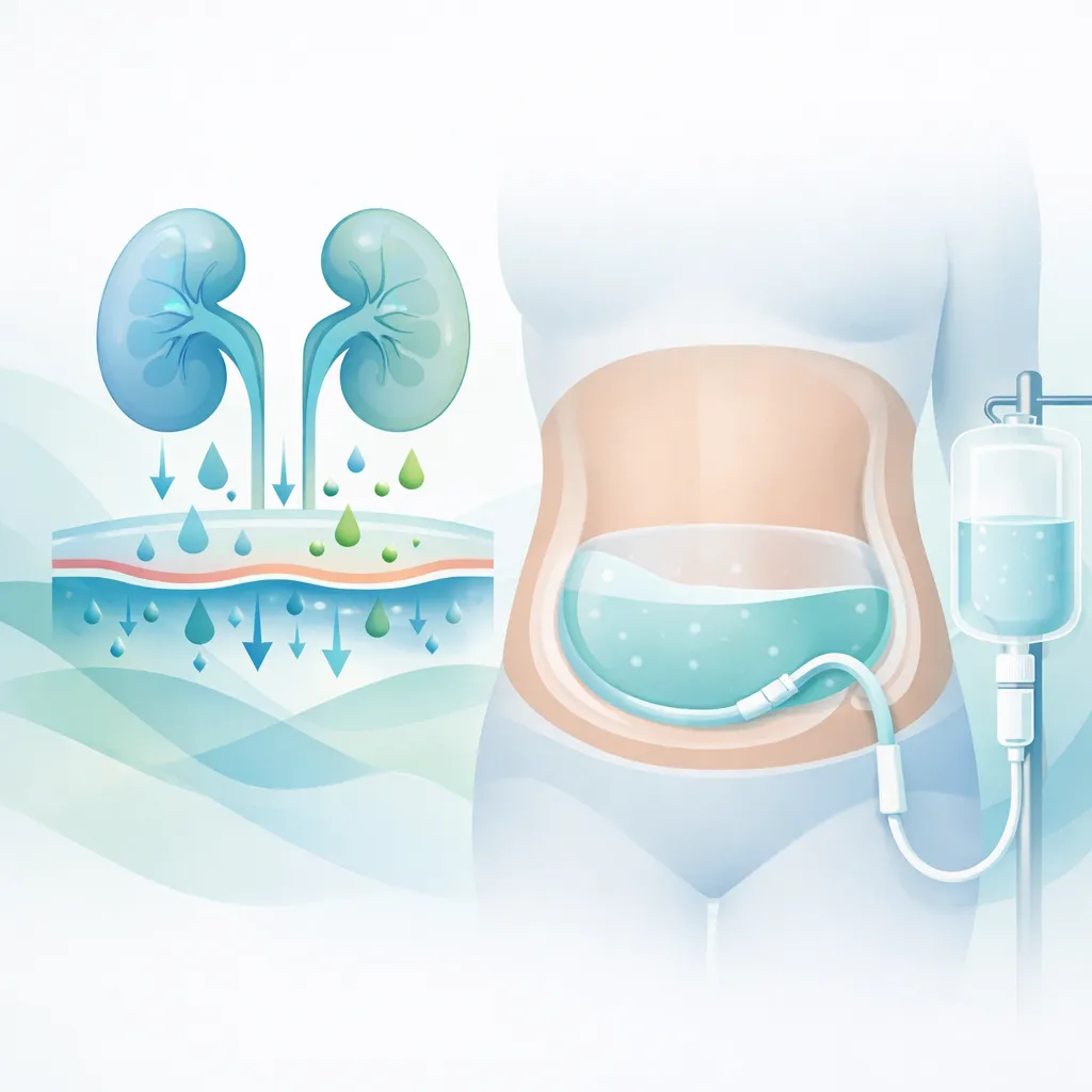 Ilustración médica sobre tratamiento de diálisis peritoneal